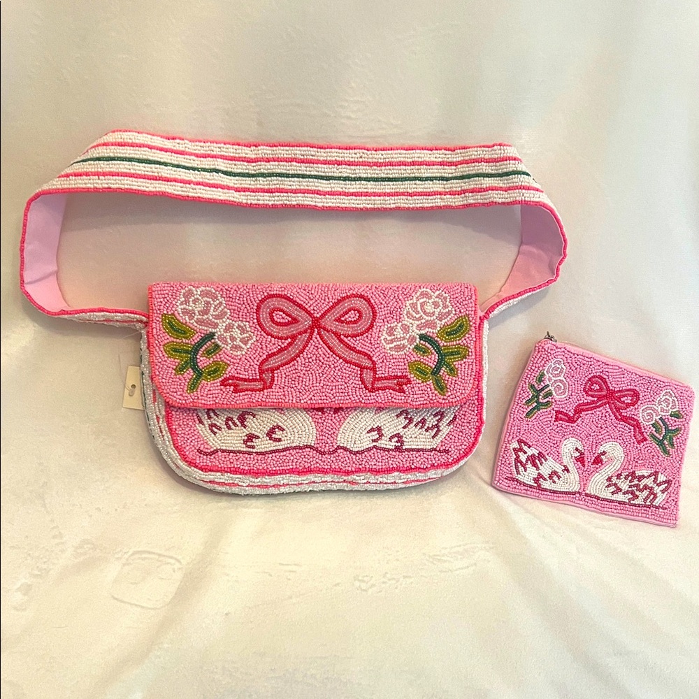 Pink Embroidered Bag and Pouch Set